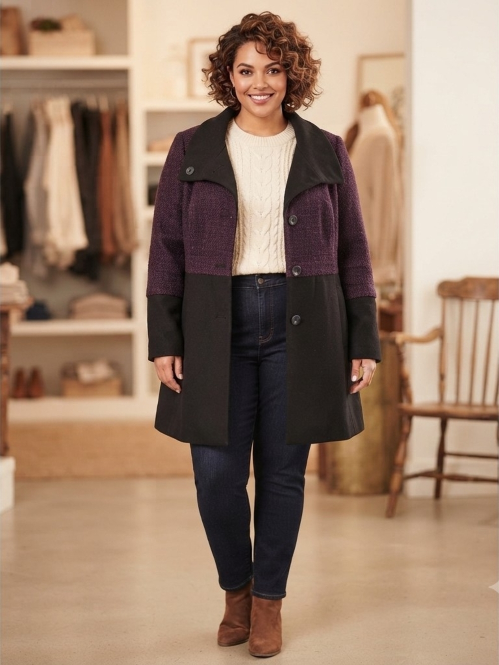 Worthington Black and Purple Wool-Blend Colorblock Peacoat